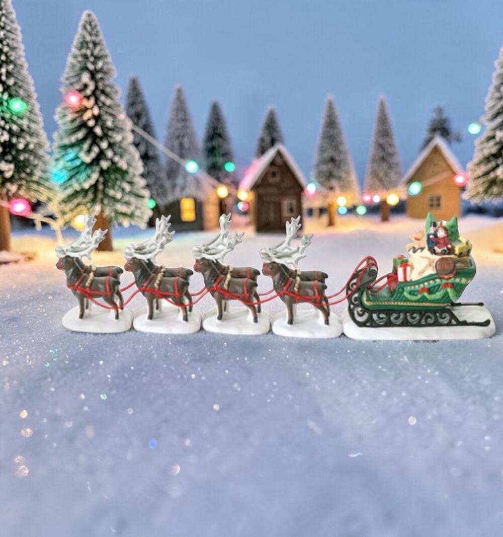 Vintage 1990 Dept 56 “Sleigh & Eight Tiny Reindeer” Heritage Village NEW